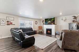Living area featuring dark wood-type flooring and a glass covered fireplace