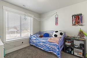 Bedroom with dark colored carpet and baseboards