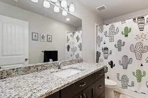 Bathroom featuring vanity and a shower with curtain