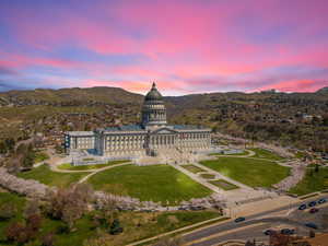 Aerial view at dusk of a mountain view and state capitol