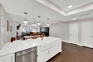 Kitchen with a tray ceiling, open floor plan, stainless steel dishwasher, white cabinets, and dark wood-style flooring
