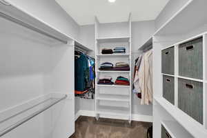 Master Walk in closet featuring dark colored carpet