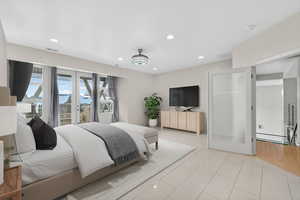 Bedroom with french doors, access to exterior, recessed lighting, and light tile patterned floors