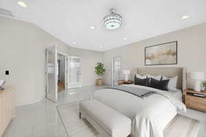 Bedroom with recessed lighting and light tile patterned flooring