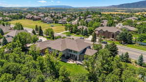 Aerial view of residential area with a mountainous background
