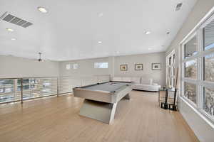 Playroom with billiards table, recessed lighting, light wood finished floors, and ceiling fan