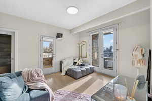 Bedroom featuring access to exterior and light wood-style floors