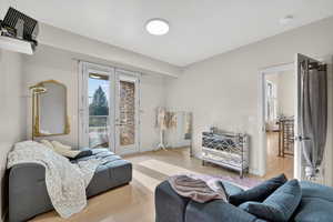 Living room featuring french doors, light wood-style flooring, and healthy amount of natural light