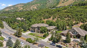 Drone / aerial view of a mountainous background
