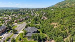 Bird's eye view of a mountainous background