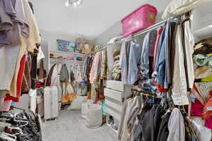 Walk in closet with light colored carpet