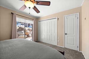 Bedroom with carpet, ornamental molding, a ceiling fan, a closet, and access to outside
