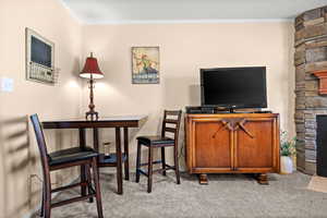 Sitting room with carpet, ornamental molding, and a fireplace