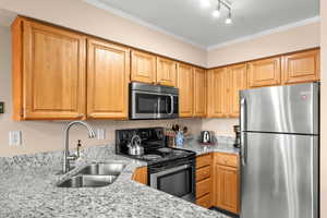 Kitchen featuring stainless steel appliances, light stone counters, ornamental molding, and rail lighting