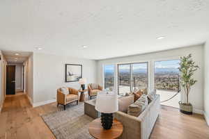 Living area with light wood-style floors and recessed lighting