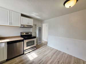 Kitchen featuring white cabinetry, wainscoting, stainless steel appliances, light countertops, and light wood-type flooring
