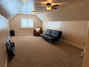 Sitting room with carpet floors, a textured ceiling, and a ceiling fan