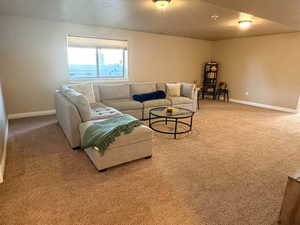 Living room with light carpet and baseboards