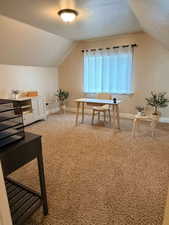Office space featuring a textured ceiling and light colored carpet