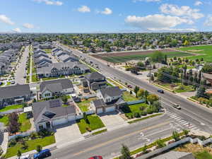 Aerial perspective of suburban area with mountains