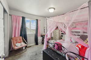 Bedroom with a textured ceiling and light carpet