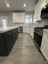 Kitchen with stainless steel appliances, two tone color scheme, light stone countertops, recessed lighting, and light wood-style flooring