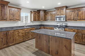 Kitchen featuring stainless steel appliances, a center island, dark stone counters, light wood-style flooring, and recessed lighting
