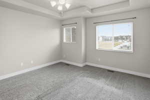 Unfurnished room featuring a raised ceiling, light carpet, and ceiling fan