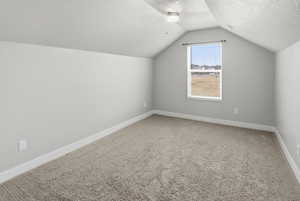 Additional living space featuring light carpet and a textured ceiling