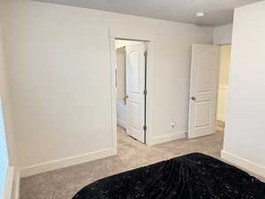 Unfurnished bedroom with light carpet and a textured ceiling