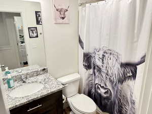 Bathroom with vanity and curtained shower