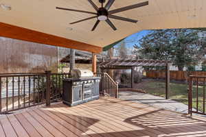 Deck featuring ceiling fan and a fenced backyard