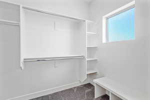 Walk in closet with dark colored carpet