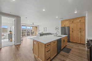 Kitchen featuring a kitchen island with sink, black appliances, open floor plan, light wood-style flooring, and a ceiling fan