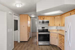 Kitchen featuring light countertops, stainless steel appliances, light wood finish cabinets, and dark wood-type flooring