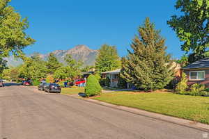 View of asphalt street with a mountain view, a residential view, and curbs