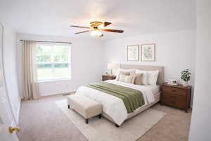 Bedroom featuring a ceiling fan and light carpet. AI decor.