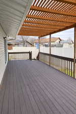 Wooden deck with a fenced backyard and a residential view