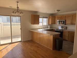 Kitchen featuring a peninsula, stainless steel appliances, light countertops, wood finish cabinetry, and dark wood-style flooring