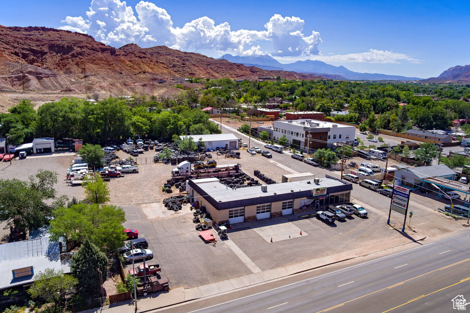 Drone / aerial view of a mountain backdrop