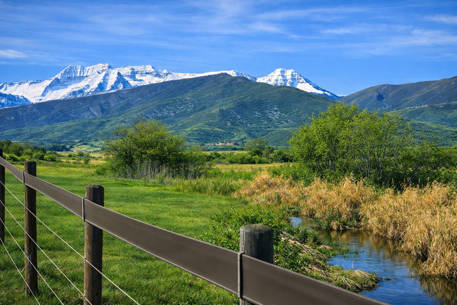 Photo of Mount Timpanogos and Provo river bottom looking southwest from the back fenceline of the property