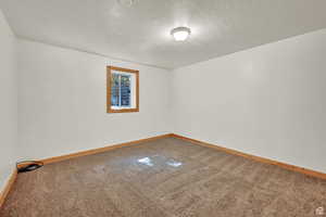 Spare room with a textured ceiling and light colored carpet