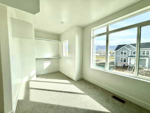Unfurnished bedroom featuring light colored carpet and a mountain view