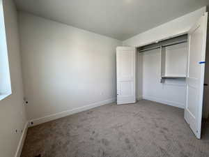 Unfurnished bedroom featuring carpet floors and a closet