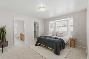 Bedroom featuring a walk in closet, light colored carpet, and ensuite bath