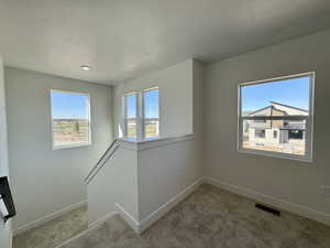 Empty room with plenty of natural light, light colored carpet, and a textured ceiling