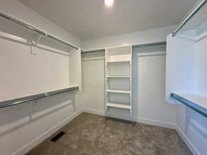 Walk in closet featuring dark carpet