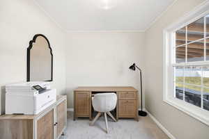 Home office with light colored carpet and ornamental molding