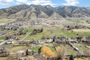 Aerial perspective of suburban area with mountains