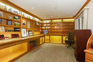 Unfurnished office featuring built in desk, light carpet, and built in shelves
